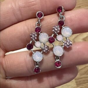 VINTAGE FAUX RUBY AND FAUX OPAL STONES AND CLUSTERED CRYSTAL POST 1.8" EARRINGS